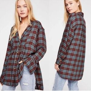 FREE PEOPLE All About The Feels Plaid Button Down Top-Aubergine wool blend SZ M